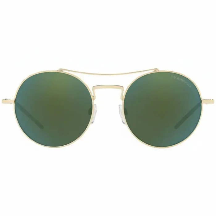 Giorgio Armani lunettes de soleil à monture métal dorée, verres ronds vert foncé, pont double et plaquettes transparentes.