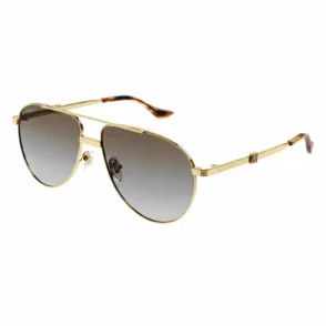 Gucci lunette de soleil homme style aviator, monture métal doré, branches fines, verres dégradés et logo GUCCI sur la branche.