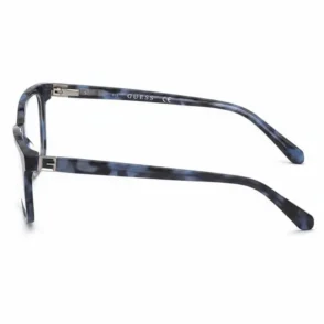 Guess lunette de vue homme avec monture rectangulaire bleu marbré, branches fines, charnières métal et verres transparents.