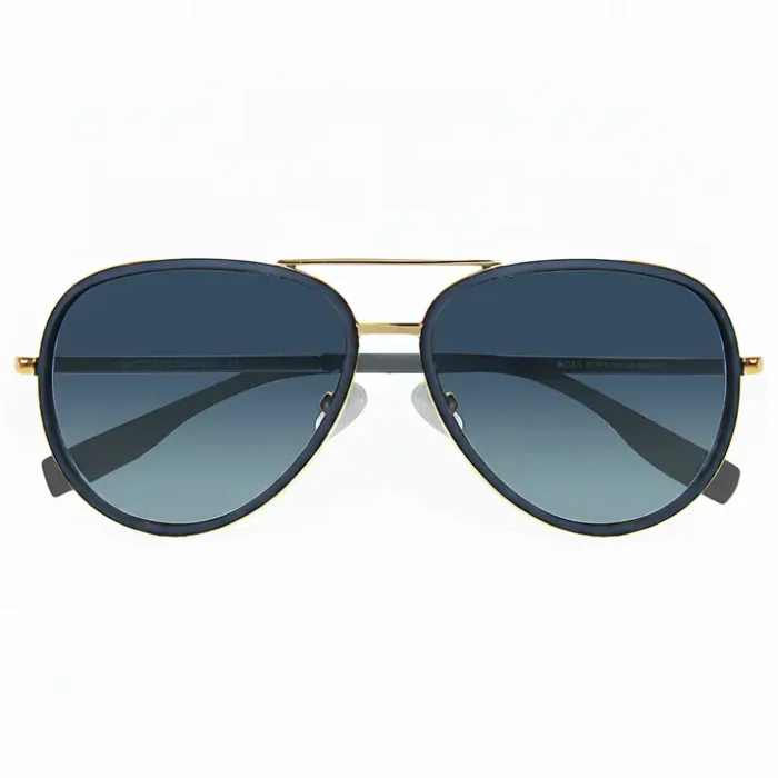 Hugo Boss lunette de soleil homme style aviateur en métal doré, verres bleu foncé dégradés, branches noires.