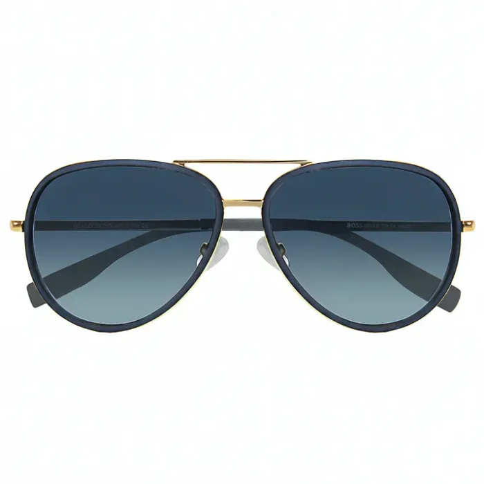 Hugo Boss lunettes de soleil style aviateur, monture métal doré, double pont et verres dégradés noir à bleu.