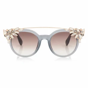 Jimmy Choo lunettes de soleil rondes avec verres dégradés, monture métal dorée et ornements géométriques façon cristaux.