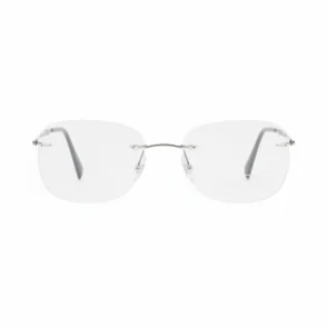 Les lunettes de vue sans monture, verres rectangulaires reliés par un pont fin en métal et branches métalliques discrètes.