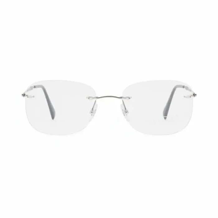 Les lunettes de vue sans monture, verres rectangulaires reliés par un pont fin en métal et branches métalliques discrètes.