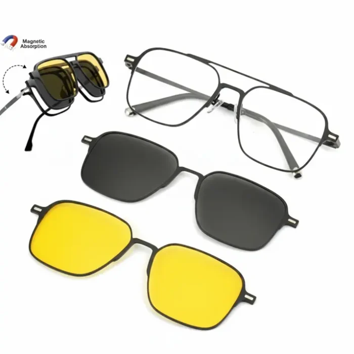 Lunette avec clip solaire magnetique rectangulaire Lunette avec clip solaire magnetique, monture rectangulaire avec deux clips aimantés, verres noirs et jaunes interchangeables.
