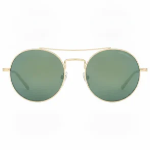 Lunette de soleil Armani homme avec verres ronds foncés, monture métal doré à double pont et branches fines, logo Emporio Armani.