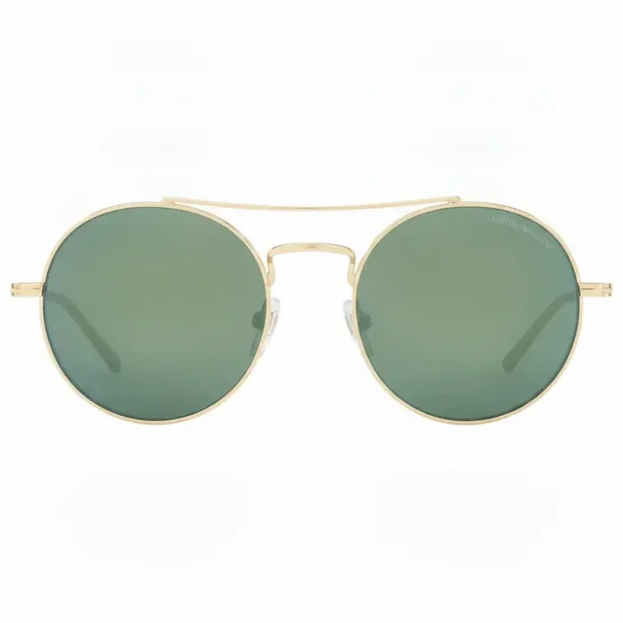 Lunette de soleil Armani homme rondes dorées Lunette de soleil Armani homme avec verres ronds foncés, monture métal doré à double pont et branches fines, logo Emporio Armani.