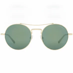 Lunette de soleil Armani avec verres ronds verts, monture métal doré à double pont et branches fines, logo visible sur le verre.