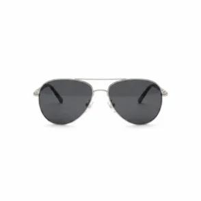 Lunette de soleil Aviator homme avec verres teintés foncés, monture métal, plaquettes translucides et branches noires fines.
