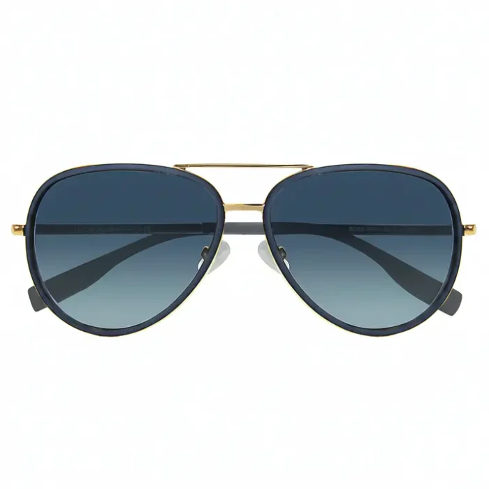 Lunette de soleil Boss homme style aviateur, monture métal dorée et verres bleu dégradé, branches fines sombres HUGO BOSS.