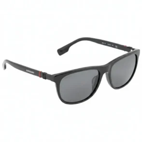 Lunette de soleil Burberry homme avec monture sombre arrondie, verres teintés foncés et branches épaisses avec marquage clair.