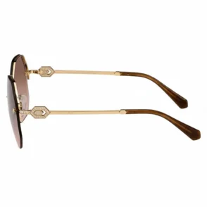 Lunette de soleil Bvlgari avec branches fines en métal doré, détail hexagonal brillant aux charnières et verres bruns arrondis.