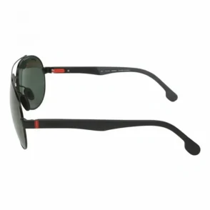 Lunette de soleil Carrera noire à monture arrondie, branches fines avec détail rouge près de la charnière, verres très sombres.