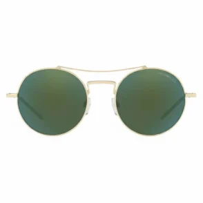 Lunette de soleil Emporio Armani en métal doré, verres ronds verts, double pont fin et logo discret gravé sur un verre.