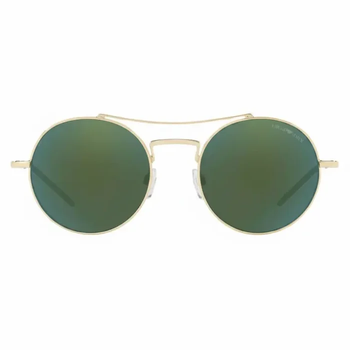 Lunette de soleil Emporio Armani en métal doré, verres ronds verts, double pont fin et logo discret gravé sur un verre.