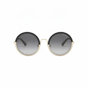 Lunette de soleil Giorgio Armani femme rondes, verres dégradés foncés, monture dorée fine avec barre supérieure noire et double pont.