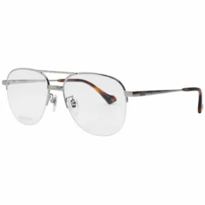 Lunette de soleil Gucci homme en métal argenté, branches fines avec embouts marron, verres clairs et plaquettes nasales ajustables.
