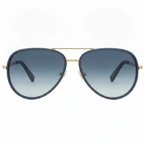 Lunette de soleil Hugo Boss style aviateur, monture métal doré et verres dégradés bleu foncé à clair, fabriquée en Italie.