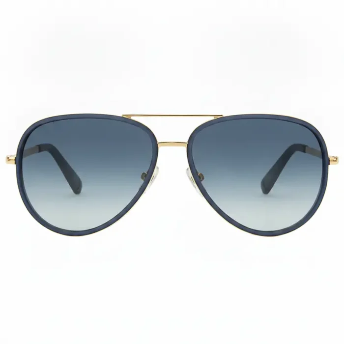 Lunette de soleil Hugo Boss style aviateur, monture métal doré et verres dégradés bleu foncé à clair, fabriquée en Italie.