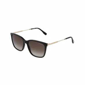 Lunette de soleil Lacoste femme avec monture noire rectangulaire arrondie, branches dorées à motifs et verres dégradés.