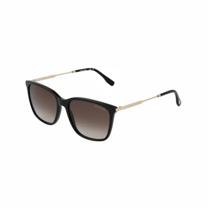 Lunette de soleil Lacoste femme avec monture noire rectangulaire arrondie, branches dorées à motifs et verres dégradés.