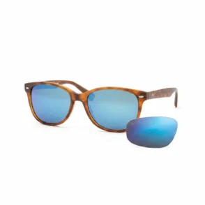 Lunette de soleil Maui Jim à monture écaille de tortue et verres bleus miroir, avec zoom sur un verre.
