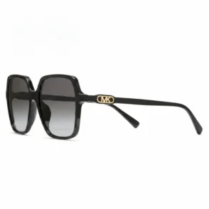 Lunette de soleil Michael Kors femme noire, monture angulaire épaisse, verres foncés et logo MK doré sur les branches.