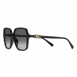 Lunette de soleil Michael Kors noire, monture épaisse et verres foncés carrés, avec logo MK doré sur la branche.