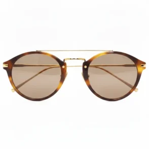 Lunette de soleil Mont Blanc ronde avec monture métal doré, double pont et verres marron, détails écaille de tortue.