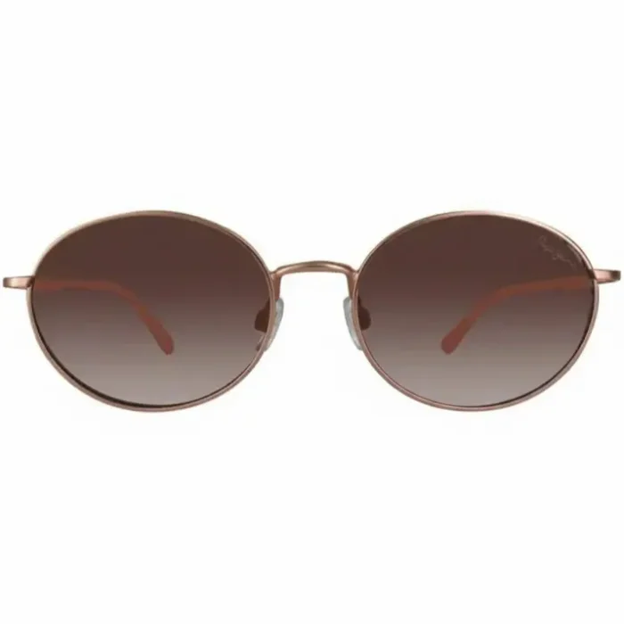 Lunette de soleil Pepe Jeans ovale métal marron Lunette de soleil Pepe Jeans ovale en métal marron, verres dégradés brun, plaquettes nasales transparentes, style moderne.