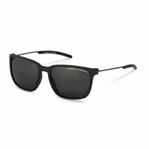 Lunette de soleil Porsche Design noire, monture carrée aux bords arrondis, verres sombres et logo près des charnières.