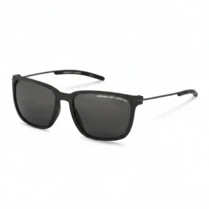 Lunette de soleil Porsche rectangulaire noire, verres fumés foncés et logo Porsche Design sur la monture.