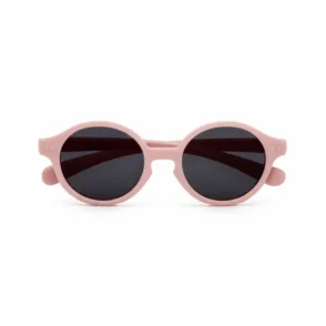 Lunette de soleil bébé rose pastel avec verres ronds teintés noir, monture compacte et branches courtes adaptées aux tout-petits.