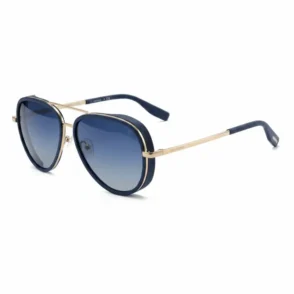 Lunette de soleil bleu homme style aviateur, verres dégradés bleu et monture métal doré fine avec plaquettes transparentes.
