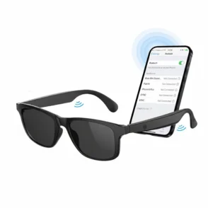 Lunette de soleil connectée noire avec verres foncés, icônes Bluetooth et smartphone affichant des réglages de connexion.