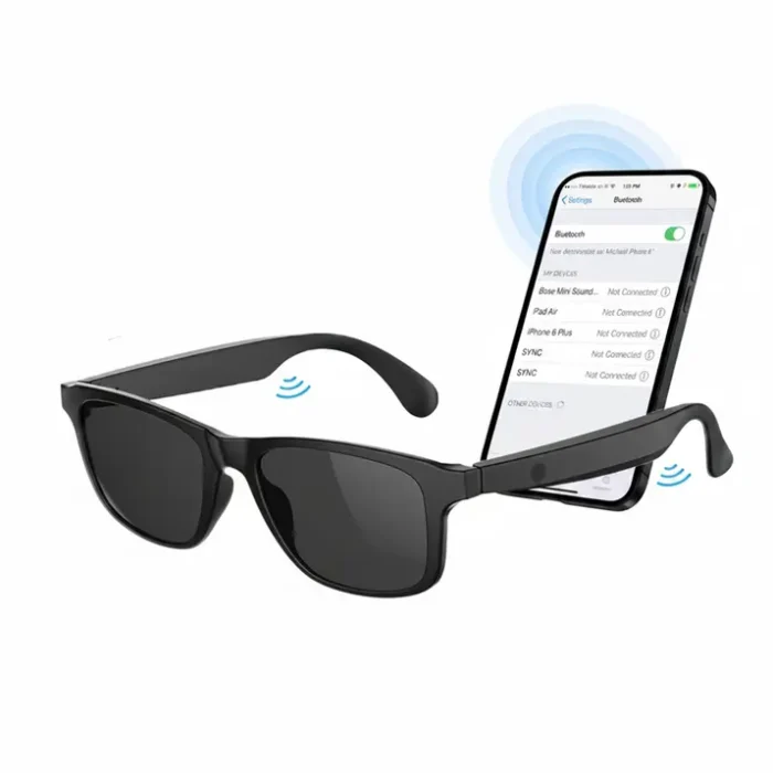 Lunette de soleil connectée noire avec verres foncés, icônes Bluetooth et smartphone affichant des réglages de connexion.