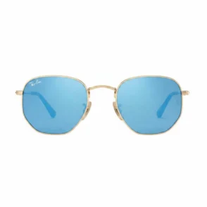 Lunette de soleil effet miroir Ray Ban aviateur, verres miroir bleus, monture métal doré octogonale et branches fines.
