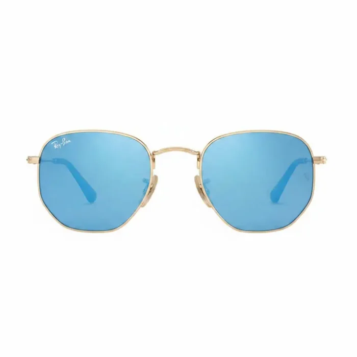 Lunette de soleil effet miroir Ray Ban aviateur, verres miroir bleus, monture métal doré octogonale et branches fines.