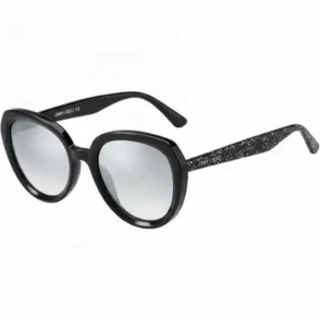 Lunette de soleil femme Jimmy Choo ronde noire, verres dégradés et branches pailletées argentées.