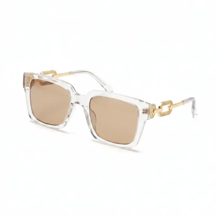 Lunette de soleil femme Jumia à monture épaisse transparente dorée, verres rectangulaires teintés et charnières visibles.