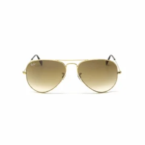 Lunette de soleil femme Ray Ban style Aviator, monture métal doré et verres dégradés marron avec logo Ray-Ban.