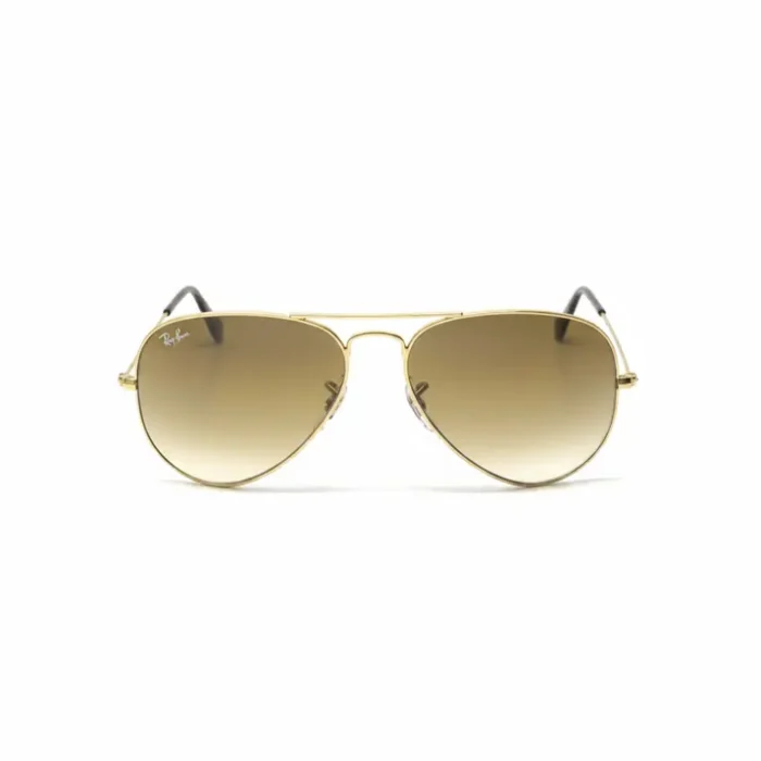 Lunette de soleil femme Ray Ban style Aviator, monture métal doré et verres dégradés marron avec logo Ray-Ban.