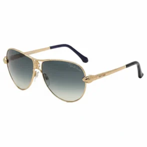 Lunette de soleil femme Roberto Cavalli aviateur dorée, verres dégradés bleu foncé, branches or avec motif serpent et embouts noirs.