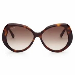 Lunette de soleil femme marron à monture ronde marbrée, verres ovales dégradés du brun foncé au clair.