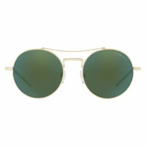 Lunette de soleil homme Armani à monture métal dorée, verres ronds teintés foncés et double pont, vue de face.