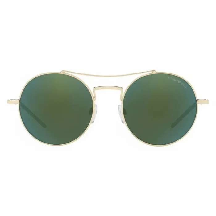 Lunette de soleil homme Armani rondes dorées Lunette de soleil homme Armani à monture métal dorée, verres ronds teintés foncés et double pont, vue de face.