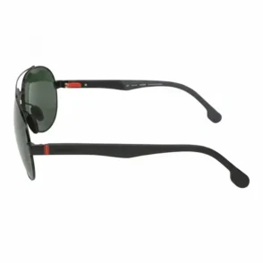 Lunette de soleil homme Carrera style aviateur en métal noir, verres teintés courbés, détails rouges aux charnières.