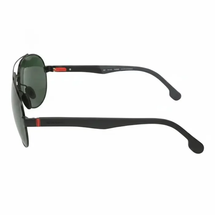 Lunette de soleil homme Carrera aviateur métal Lunette de soleil homme Carrera style aviateur en métal noir, verres teintés courbés, détails rouges aux charnières.