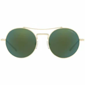 Lunette de soleil homme Emporio Armani ovale, monture métal doré à double pont et verres verts teintés.