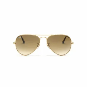 Lunette de soleil homme Ray Ban maroc style aviateur, monture métal doré et verres dégradés teintés avec logo blanc.